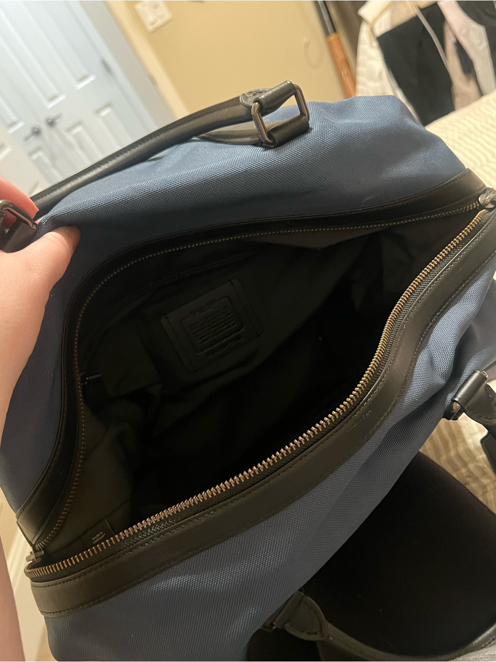 Coach Blue Canvas Duffel with Black Leather Trim and Brown Patch - Picture 4 of 5